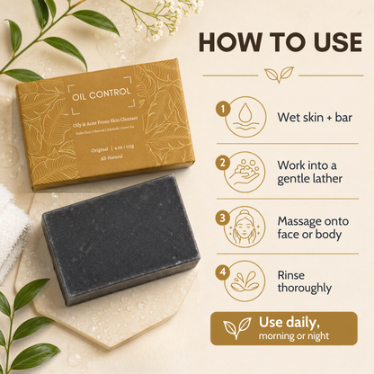 A skincare product listing graphic showing a gold box labeled 'OIL CONTROL' next to a dark charcoal soap bar on a stone slab, with a 'HOW TO USE' instruction panel on the right.