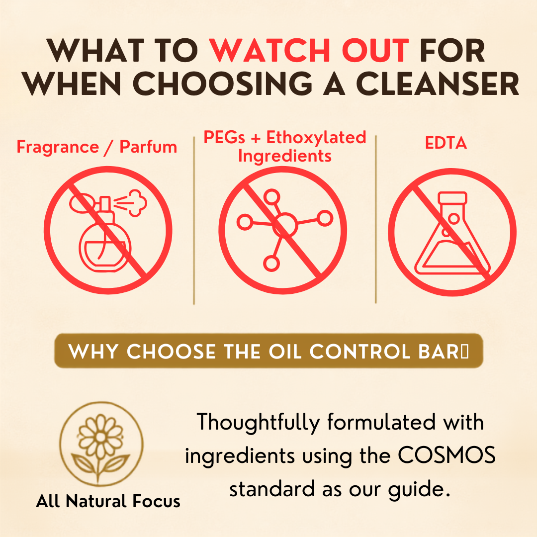 An informational graphic on a warm beige background titled 'WHAT TO WATCH OUT FOR WHEN CHOOSING A CLEANSER' with three red prohibition icons for fragrance, PEGs + ethoxylated ingredients, and EDTA. Below, a gold banner reads 'WHY CHOOSE THE OIL CONTROL BAR' and the brand text 'All Natural Focus' appears with a flower icon.